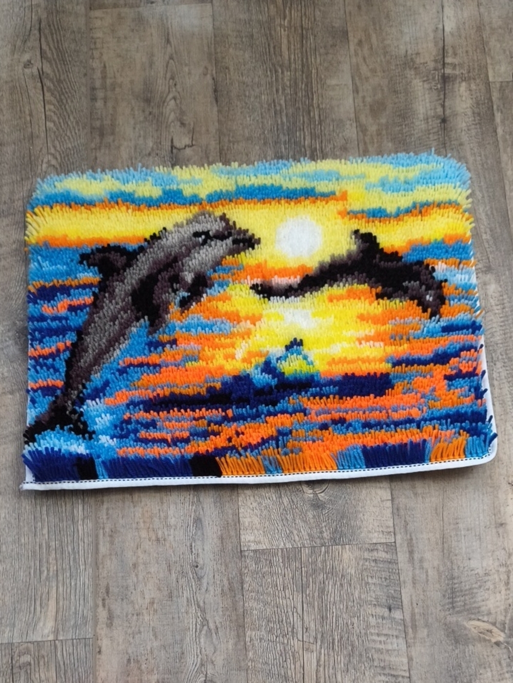 Handmade Latch Hook Dolphin Rug | Ocean Sunset